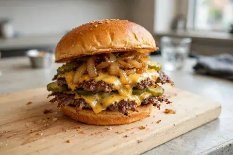 Puhelimella otettu kuva smash burgerista puisella leikkuulaudalla