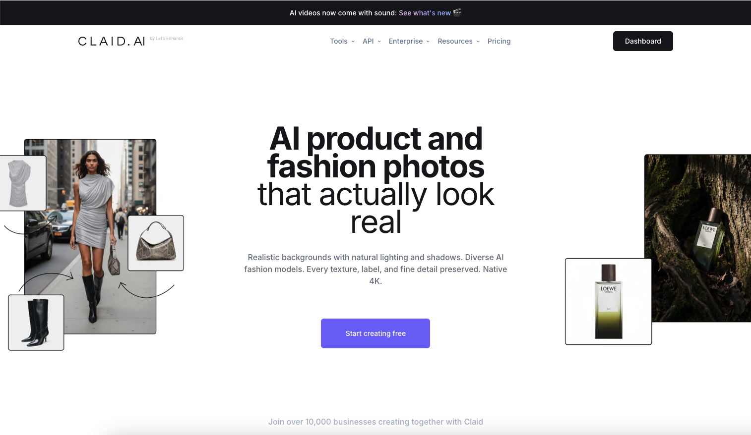 AI 제품 및 패션 사진과 사실적인 배경, 섬세한 제품 디테일이 돋보이는 Claid.ai 홈페이지