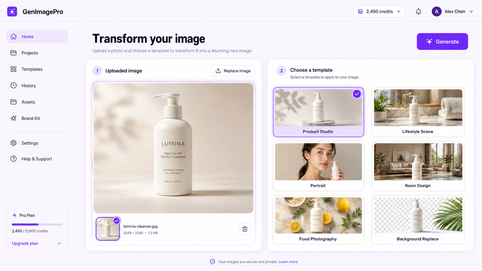 在 GenImagePro 中上传源照片并选择图生图AI模板