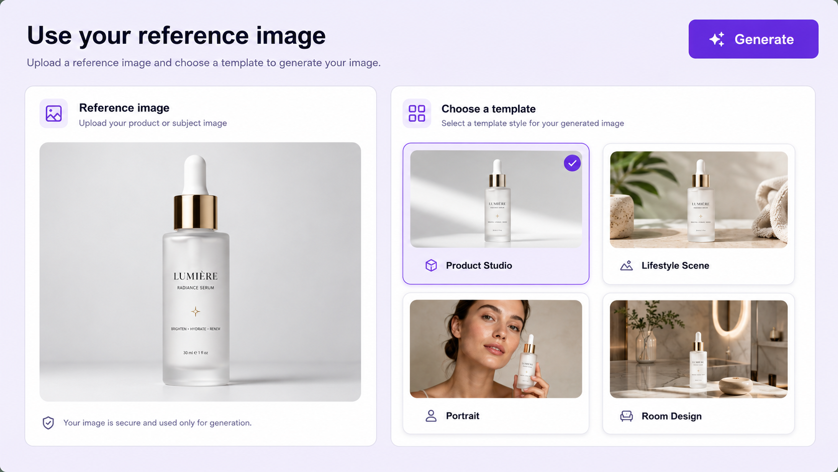 Mengunggah gambar referensi produk dan memilih template visual di generator gambar AI