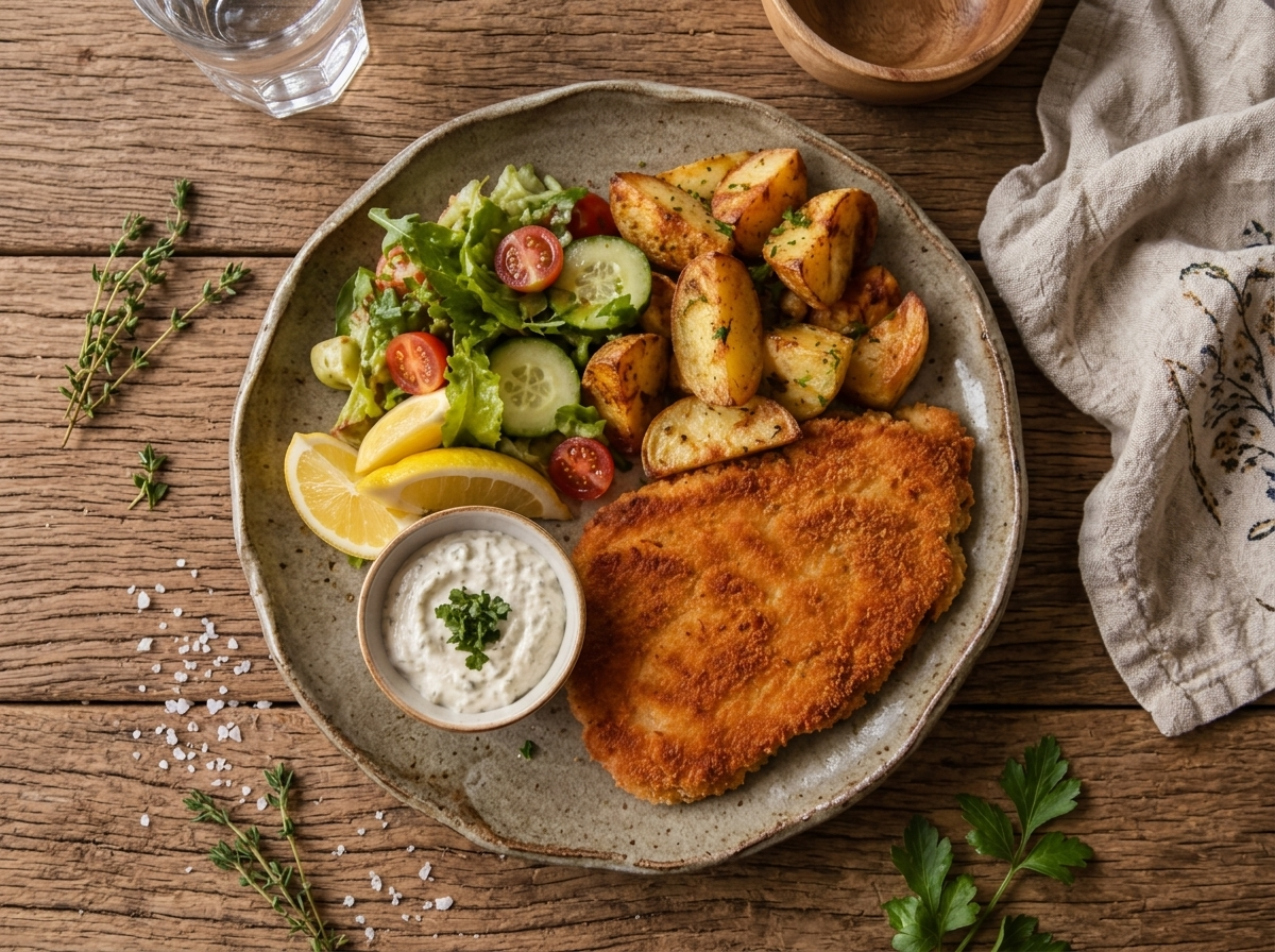 Overhead flat lay menu photo of breaded schnitzel with roasted potatoes, salad, and dipping sauce on a rustic wooden table