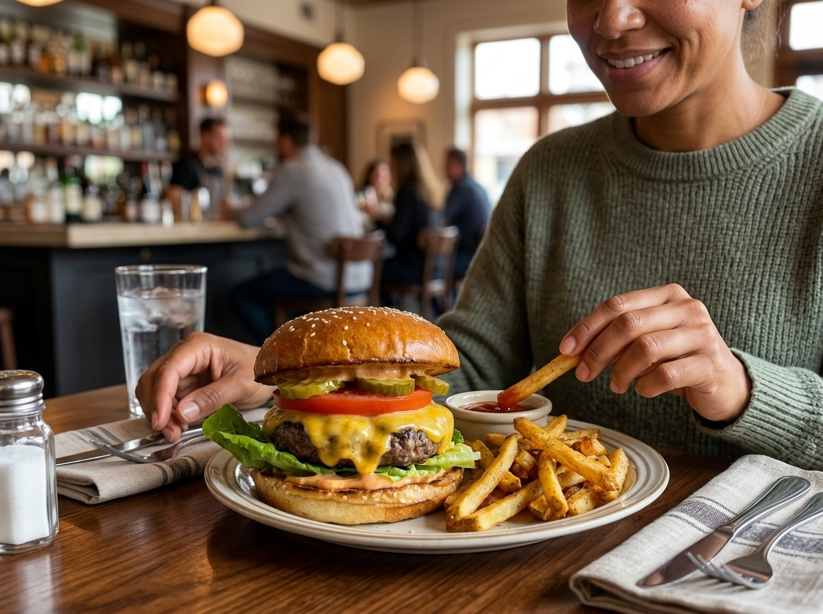 Casual dining lifestyle menu photo of a cheeseburger and fries at a restaurant table