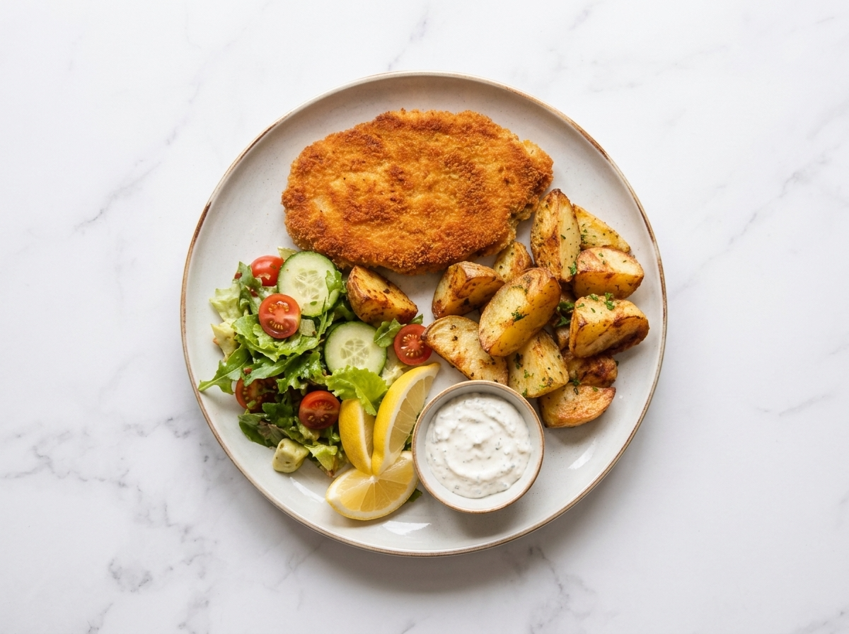 Clean menu-ready top-down photo of a breaded cutlet with roasted potatoes, salad, and tartar sauce on white marble