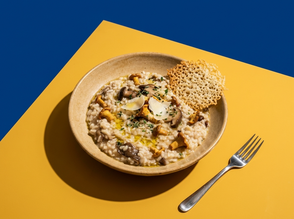 AI food photography — color-blocked styled flat lay
