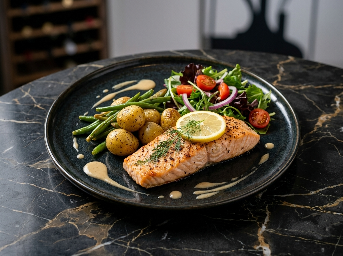 AI food photography — fine dining restaurant menu shot