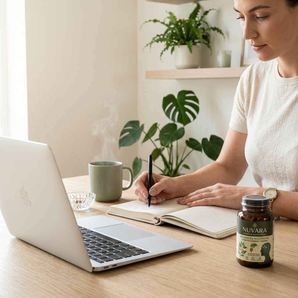 Wellness product lifestyle photo in a bright home office workspace
