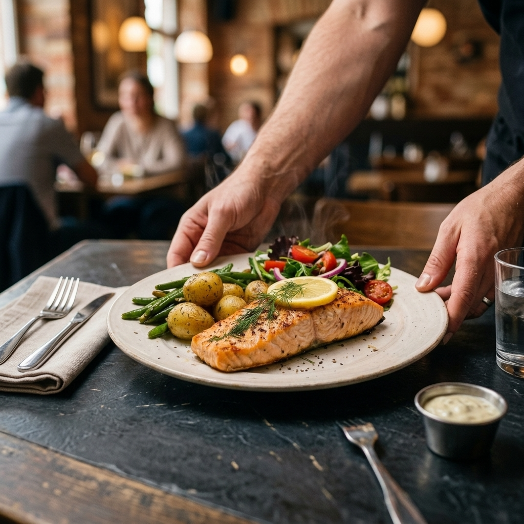 Lifestyle food photography in a warm restaurant dining scene