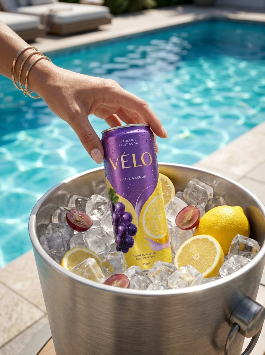 AI lifestyle product photo at a poolside summer setting with a sparkling beverage