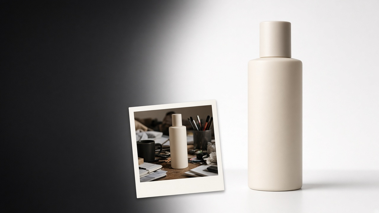 Before and after: product moved from a messy desk to a clean studio background