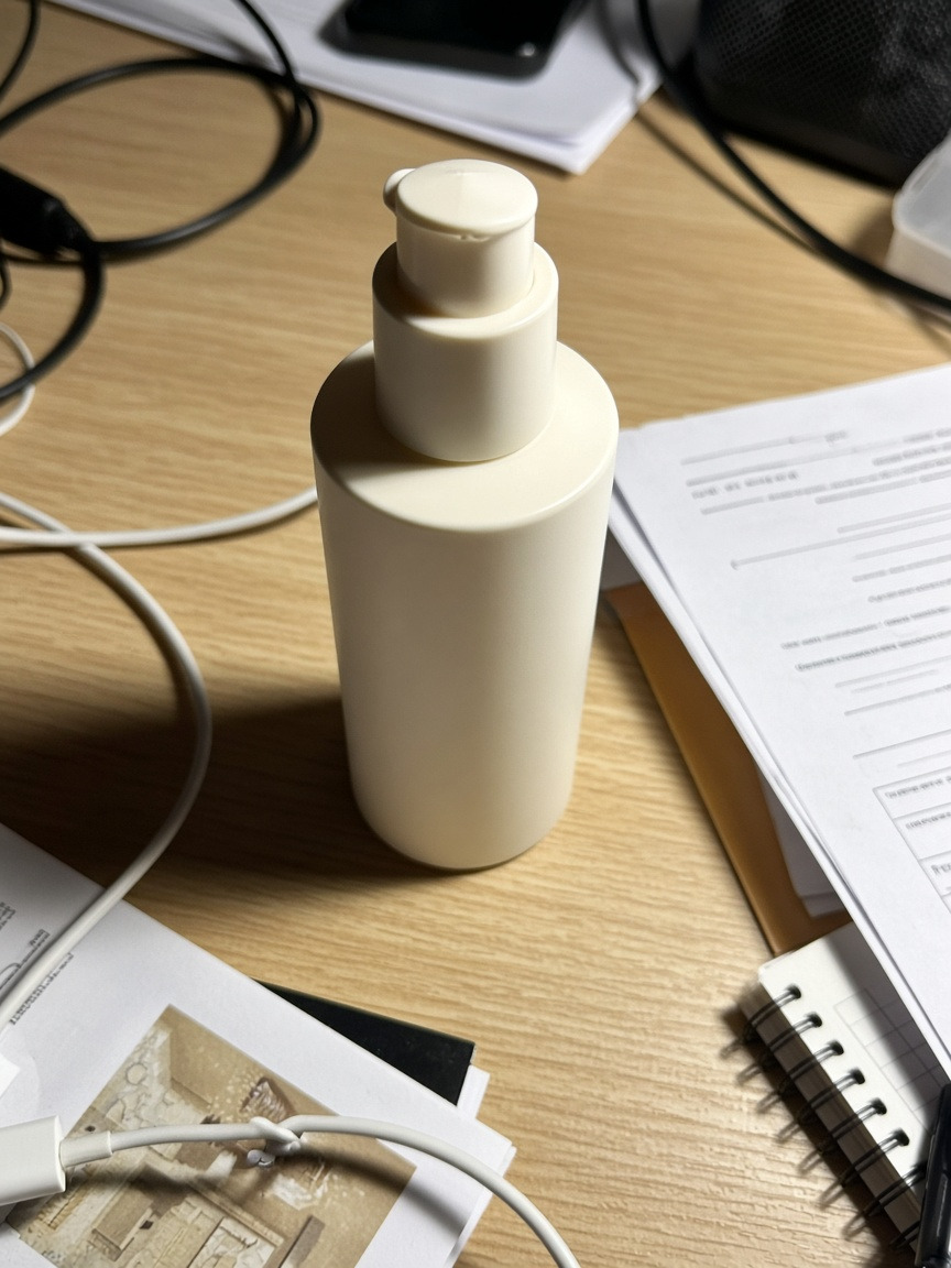 Skincare bottle on a cluttered desk before background replacement