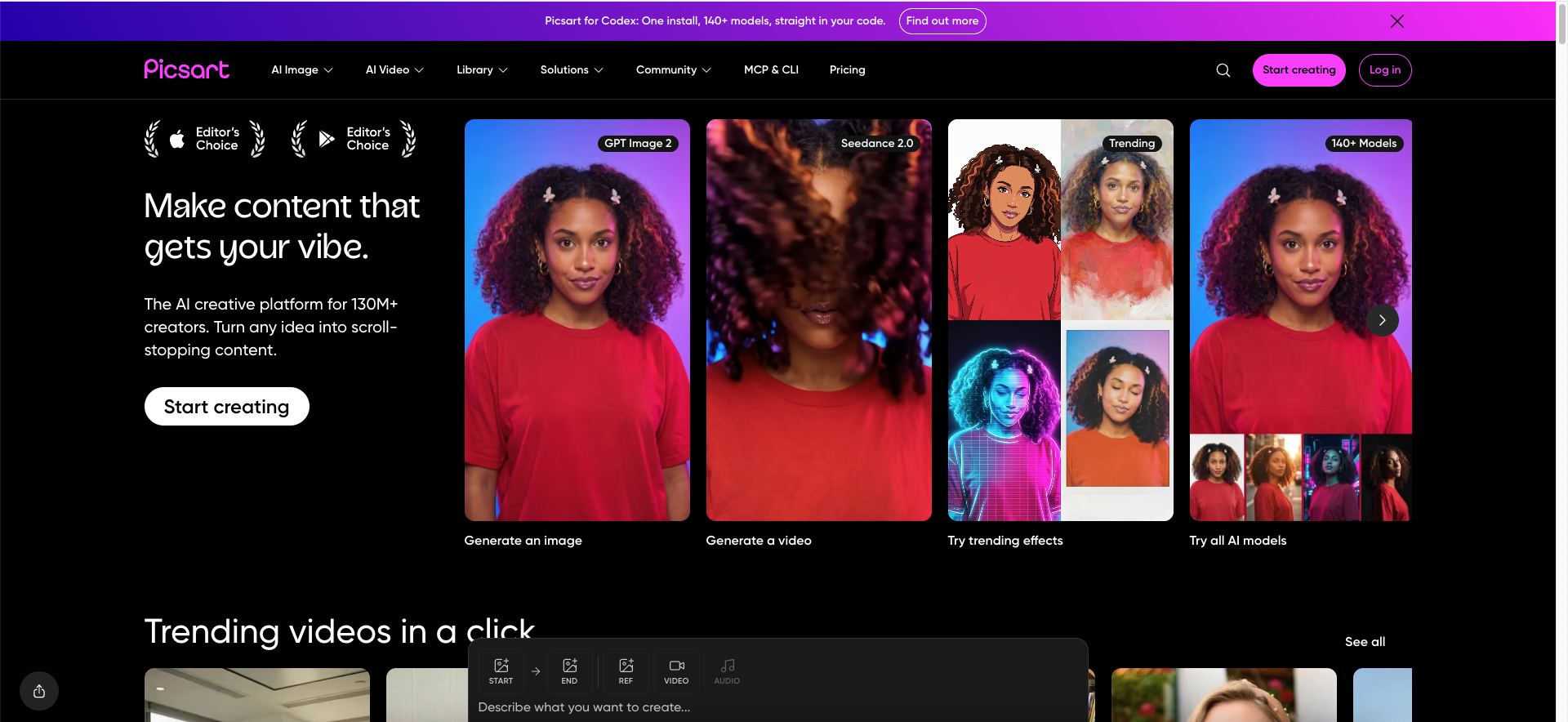 Picsart creator platform for AI photo and video generation, object editing, enhancement, templates, and brand content.