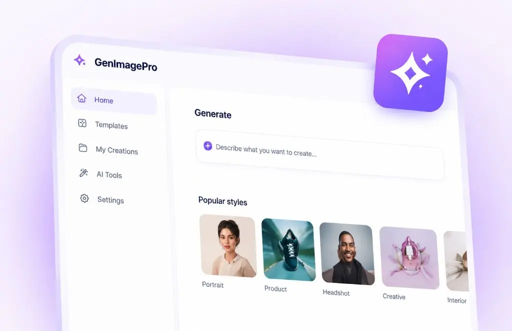 GenImagePro dashboard: templates, styles, and AI image generation.