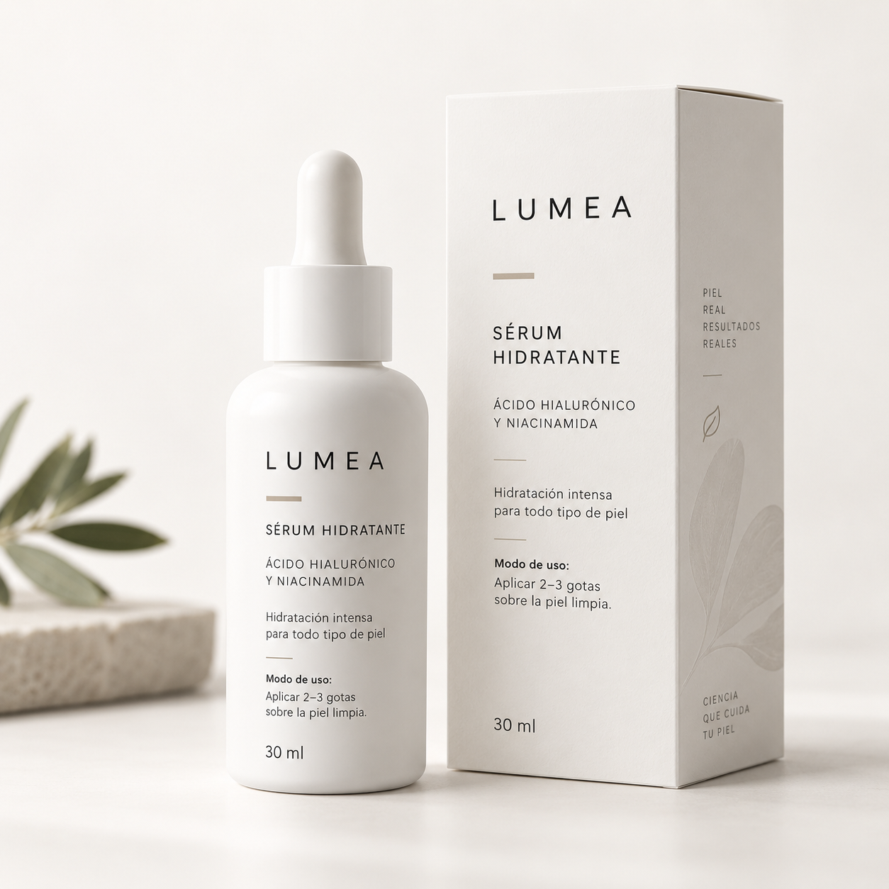 Skincare product bottle and box with Spanish label text